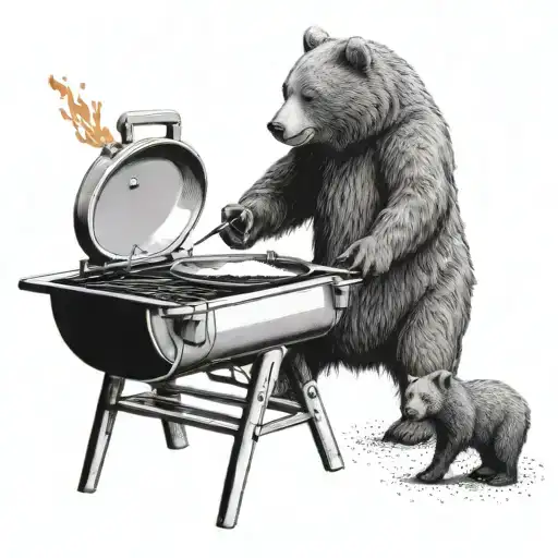 A Kitchen Scene With A Bear Cooking On A Grill