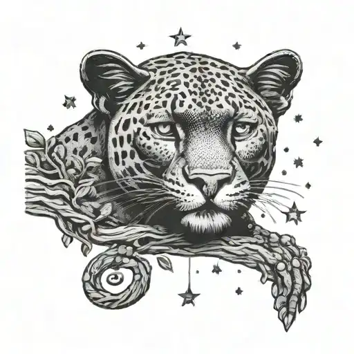 A Majestic Panther Perched On A Tree Branch Under A Canopy Of Stars