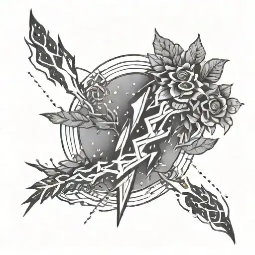 A Stylized Lightning Bolt Intertwined With Abstract Lines And Nature Elements