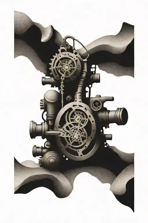 An Abstract Tattoo Of Engines Intertwined With Sand Dunes