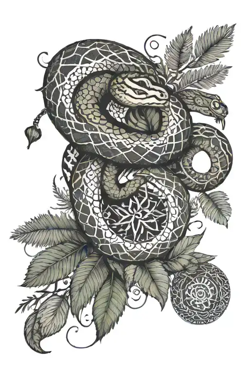 Arm Sleeve Tattoo With A Snake Who Hast Runes On The Her Back And Ferns Surounded By Mandala