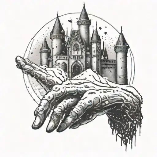 Man Scissor Hands Under The Snow With A Gothic Castle In The Background