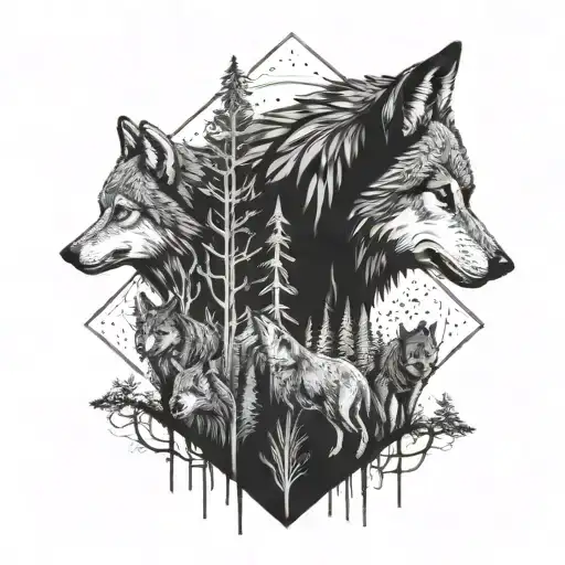 Burning Forest With A Pack Of Wolfs Walking Along