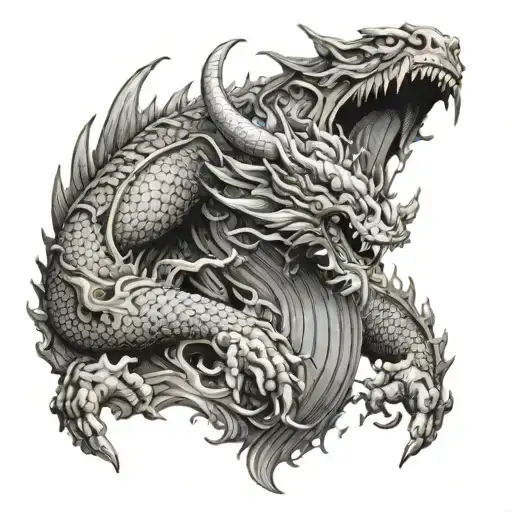 A Dotwork Design Featuring The God Susanoo Battling A Dragon