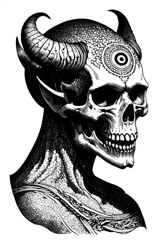Skull Demon With Horns And Third Eye On Forehead