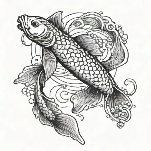 A Koi Fish Swimming Upstream With A Pogoda In The Background And Waves Around It