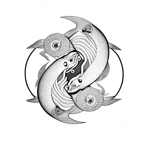 Pisces Sign Intertwined With Ying Yang Sign In Hieroglyphics