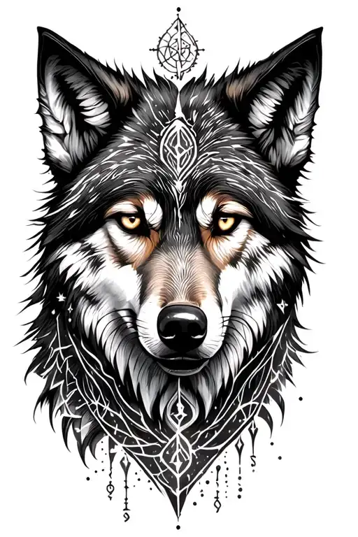 A Wolf With Magical Elements Like Glowing Eyes And Runes