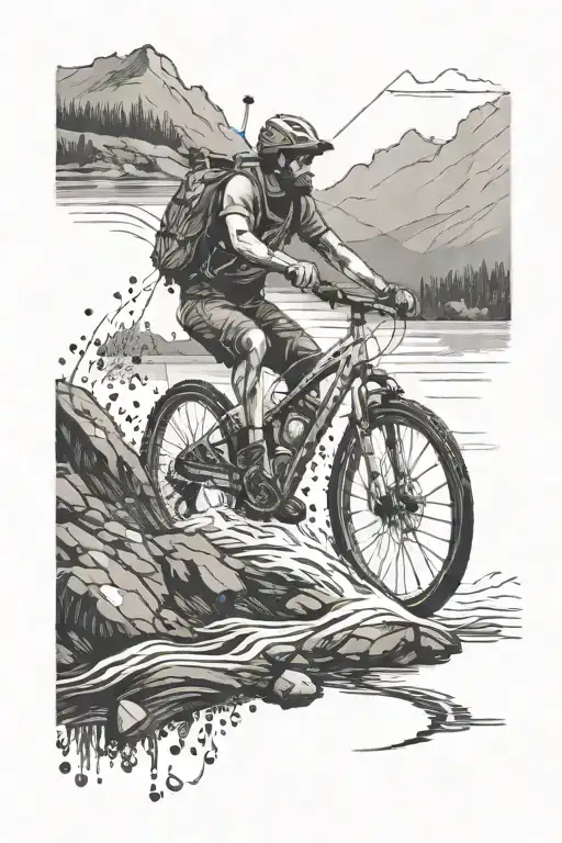 A Mountain Biker Riding Down A River With A Fishing Rod In Hand