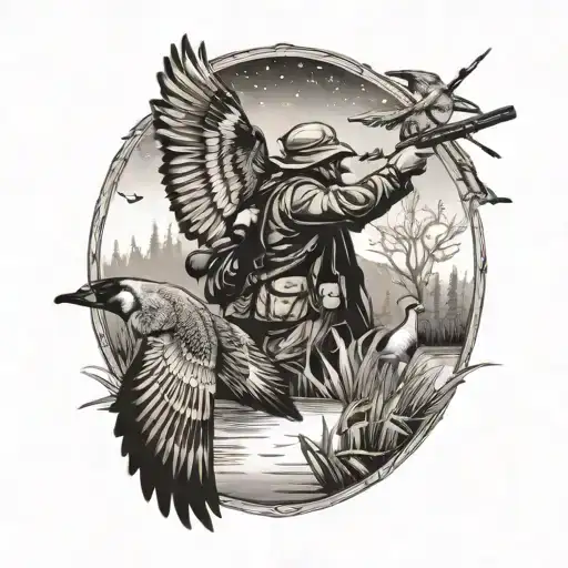 A Detailed Hunting Scene With A Hunter Aiming At Pintail Ducks In A Dotwork Style