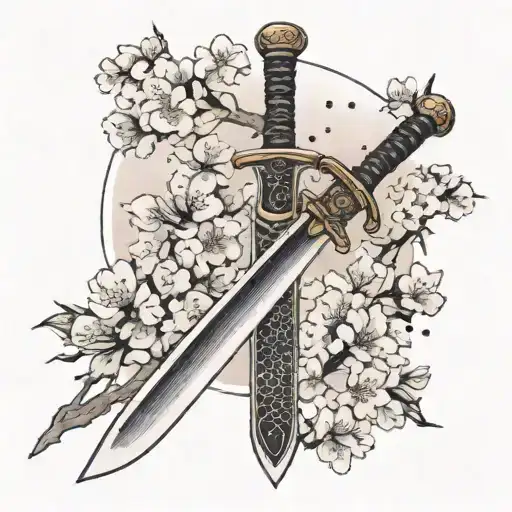 Japanese Sword Surrounded By Blooming Sakura Trees
