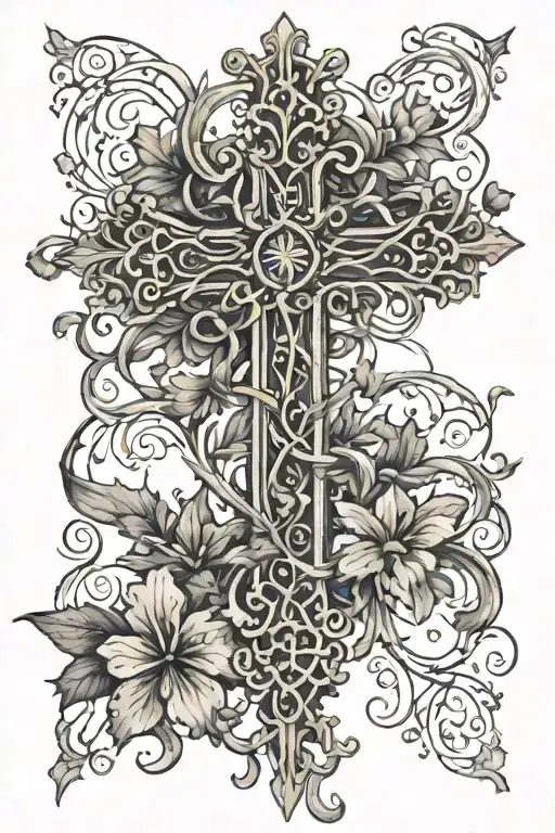 A Christian Cross Intertwined With Intricate Vines And Flowers