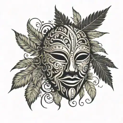 An African Tribal Mask Made Of Marijuana Leaves With Musical Notes Flowing Around It