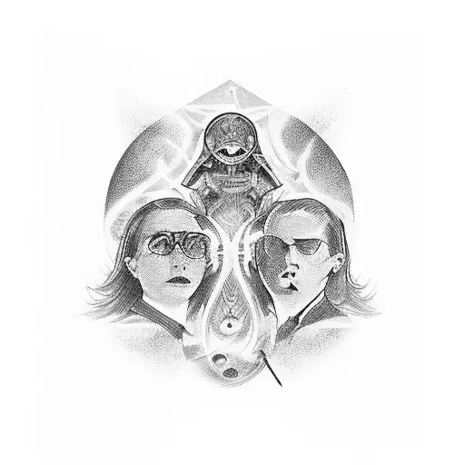 A Tattoo With The Silhouette Of Three People Sitting With Their Backs And Looking At A Star