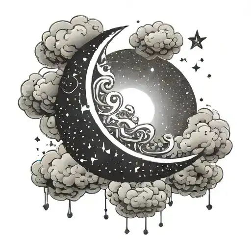 Crescent Moon In The Clouds With Stars Shining Brightly