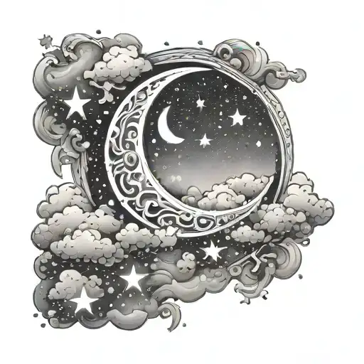 Crescent Moon In The Clouds With Stars Shining Brightly And Crown
