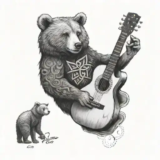 A Tattoo Design Featuring A Bear And A Guitar To Represent Family And Music