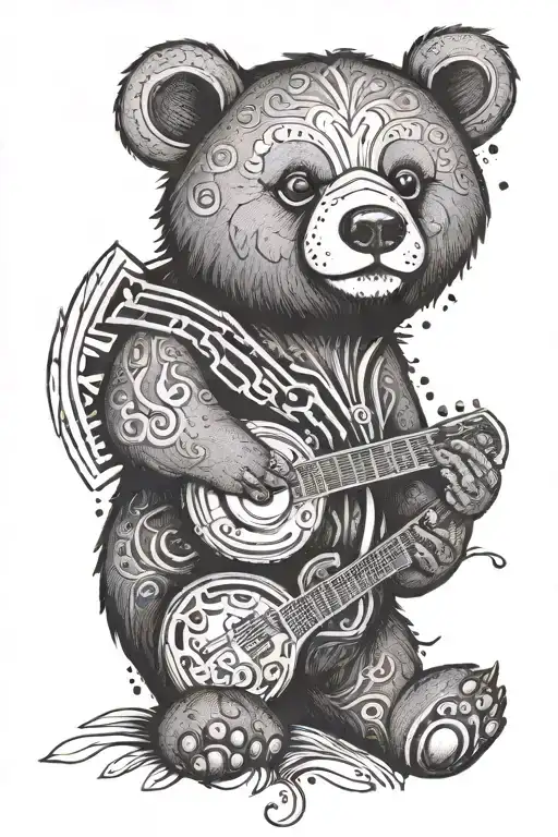 A Tattoo Design Featuring A Bear To Represent Family And Music