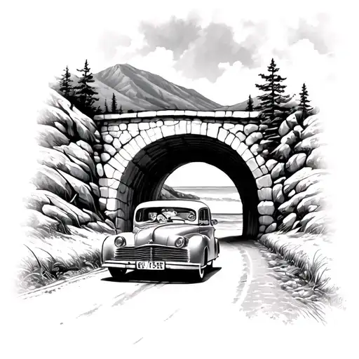 Vintage Car Driving Through A Mountain Tunnel With A Beach View