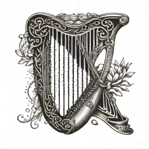 Create A Tattoo Of A Celtic Harp Surrounded By Weights And Exercise Equipment