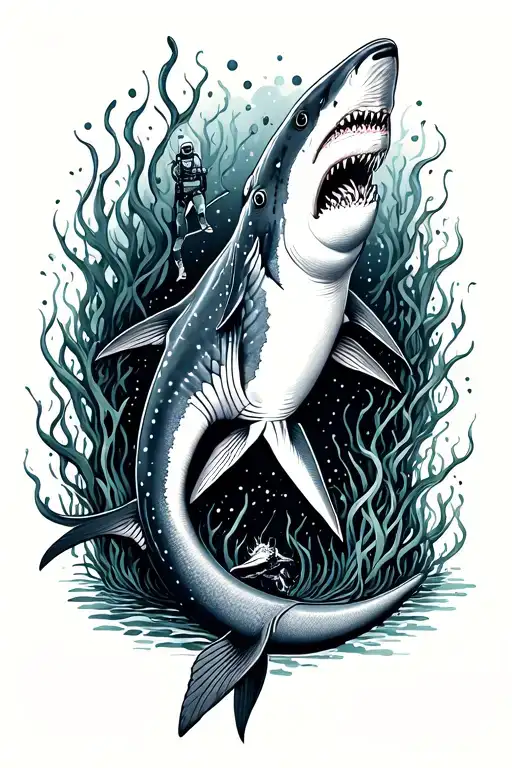 Dogfish Shark With Algae Behind And A Diver Behind