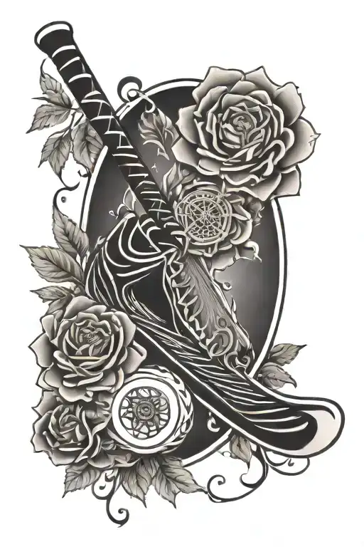 An Ice Hockey Stick And Puck Intertwined With Intricate Floral Elements