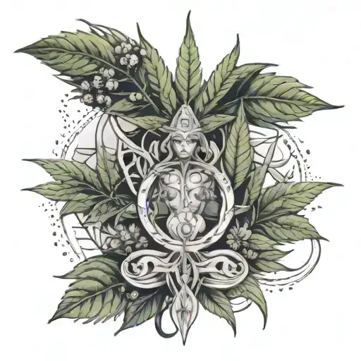 Cannabis Plant Intertwined With Sacred Symbols Representing The Warrior Goddess