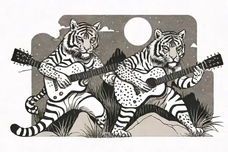 A Tiger Playing A Guitar With A Backdrop Of Rolling Hills