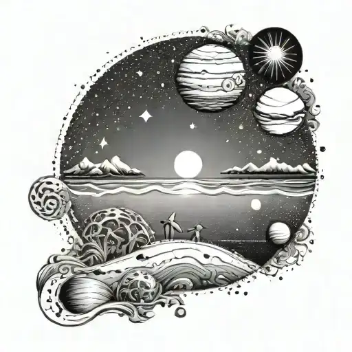 An Intricate Dotwork Design Of A Beach Scene With Planets Hovering In The Sky
