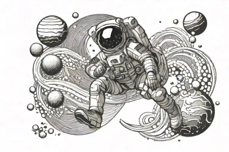 A Dotwork Design Of A Space And Astronaut Floating In Planets Orbit Like Waves On A Beach