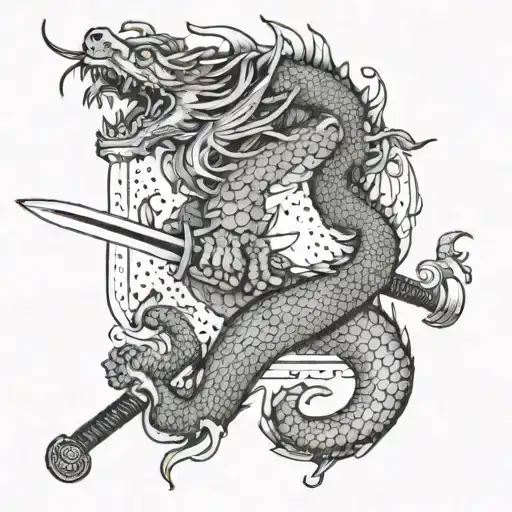Chinese Dragon That Is Around A Samurai Sword