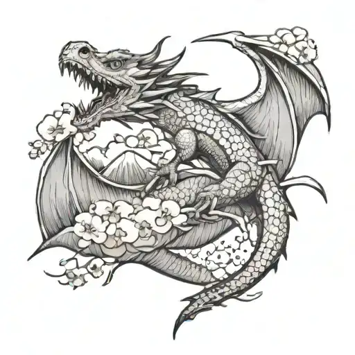 Dragon Flying Over A Hawaiian Volcano With Cherry Blossom Petals Falling