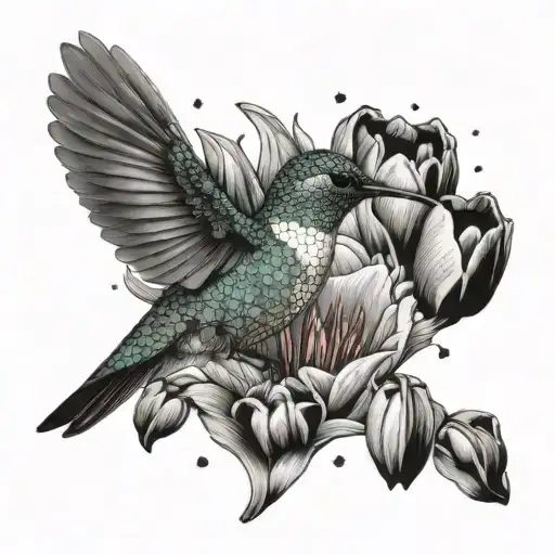 A Hummingbird Surrounded By A Field Of Vibrant Tulips In A Dotwork Style
