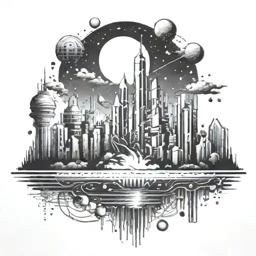 Create A Tattoo Featuring A Futuristic City Skyline With A Hidden Music Festival Stage