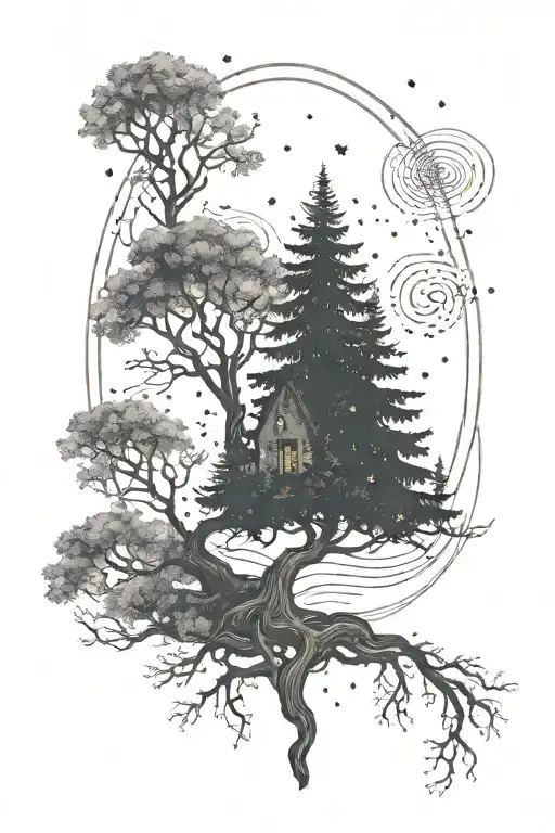 A Dreamy Scene Of A Magical Forest With A Prominent Alerce Tree And A Hidden Harry Potter Symbol