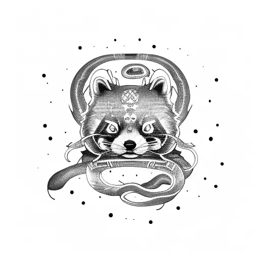 Red Panda Dressed As A Samurai Riding A Snake