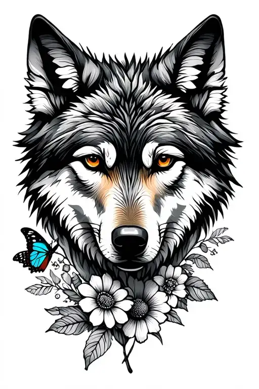 Wolf Head And Flowers And Butterflies