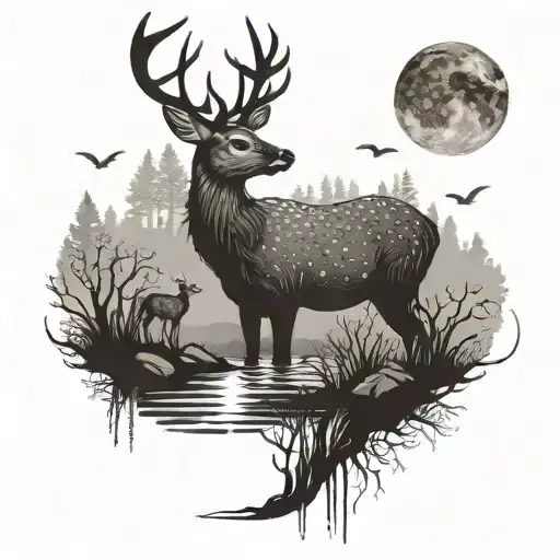 A Dreamy Scene Of A Deer And Fish Bonding Under The Moonlight
