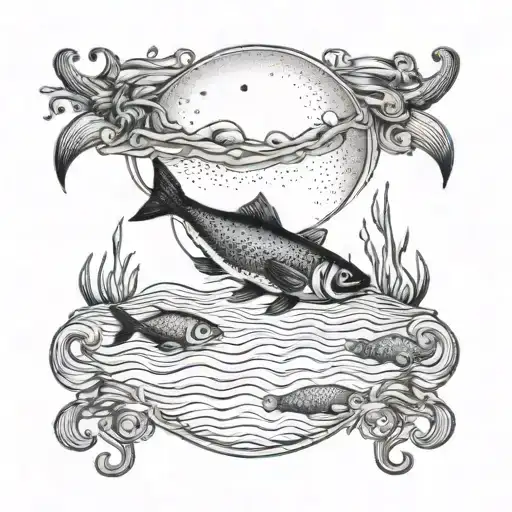 A Dreamy Scene Of A Crescent Moon Reflecting In Water With A Fish Swimming Underneath