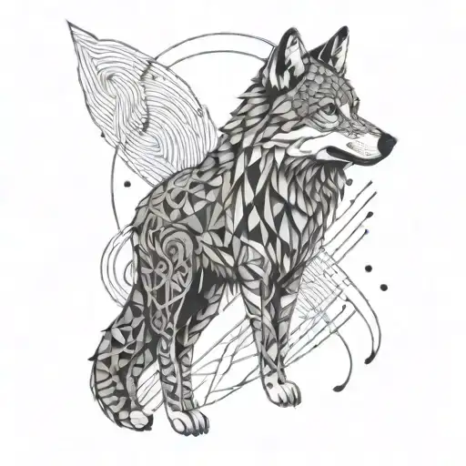 A Wolf With Intricate Geometric Patterns In The Background Inspired By Music Waves