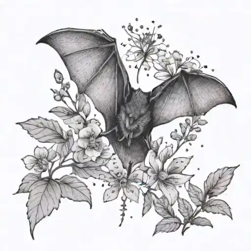 A Dotwork Tattoo Of A Bat Flying Over A Field Of Wildflowers