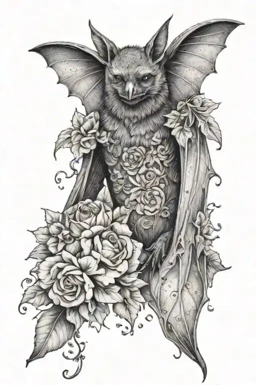 A Detailed Portrait Of A Bat With Floral Motifs Incorporated Into Its Wings
