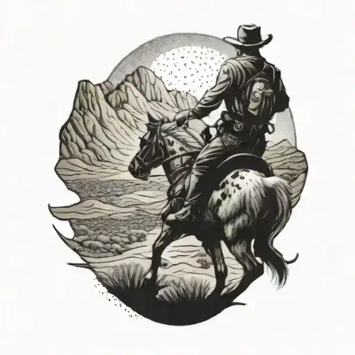 A Detailed Dotwork Design Of A Cowboy Riding A Red Heeler Like A Horse Through A Desert Landscape