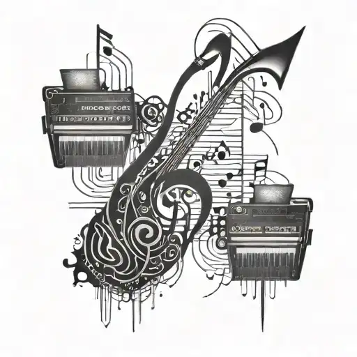 An Abstract Design Incorporating Musical Notes And Computer Circuitry Elements