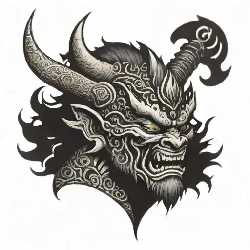 An Oni Demon Holding A Sword With Intricate Japanese Patterns