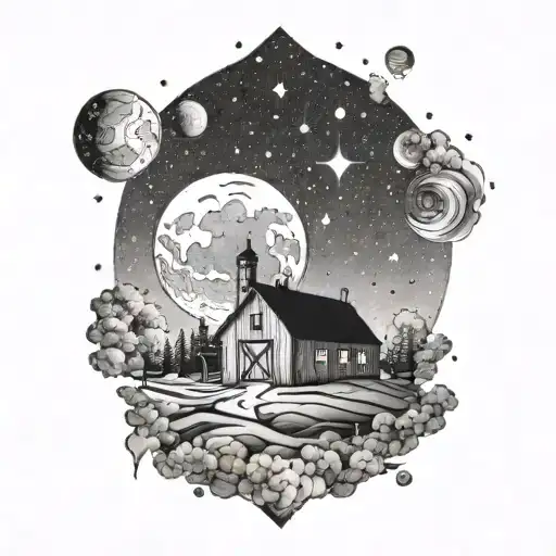 A Dotwork Tattoo Depicting A Galaxy With A Farmhouse Nestled Among The Stars