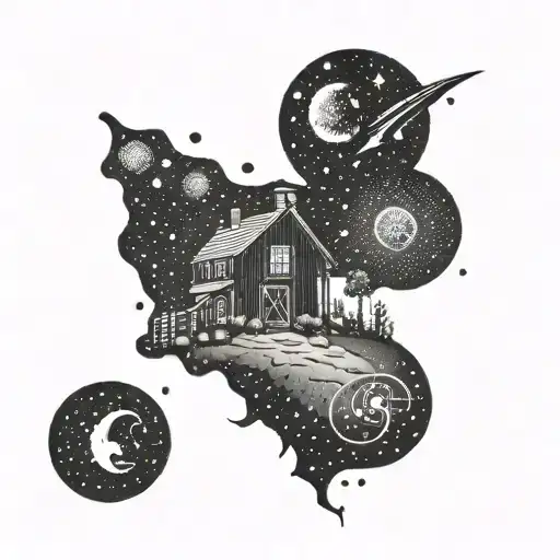 A Dotwork Tattoo Depicting A Galaxy With A Farmhouse Nestled Among The Stars