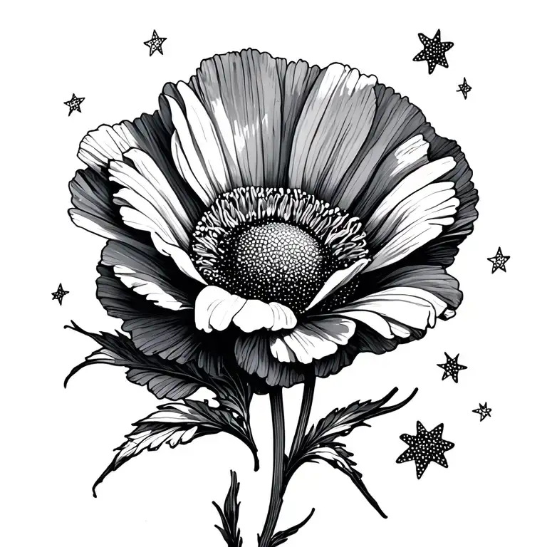 Poppy Flower With Daisy Flower And Stars Scattered