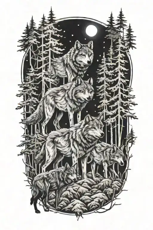 A Pack Of Wolves Hunting In A European Forest At Dusk