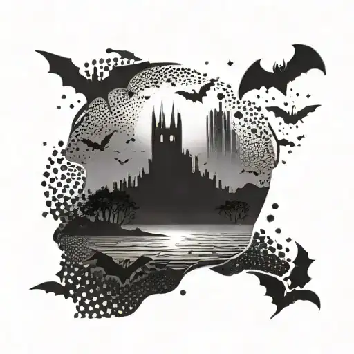 A Surreal Landscape Featuring A Sunset With Bats Silhouetted Against The Sky